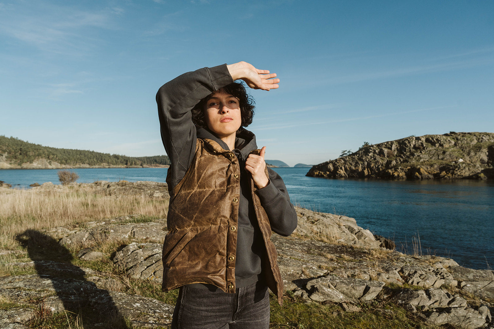 Ship Supply utility layers worn outdoors on Lopez Island